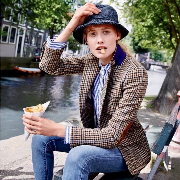NWOT J.Crew Campbell Tweed Houndstooth Leather Elbow Wool Blazer Jacket 10 E1059